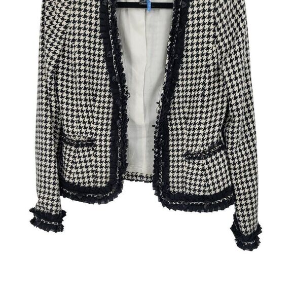 WHBM  Womens Wool Blend Houndstooth Blazer Sz 2 Ruffle Chain Fringe Trim Black - Picture 8 of 15